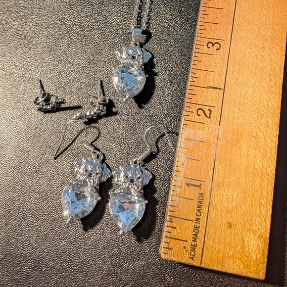 Silver Dog Jewelry Set with Clear Stones And Extra Pair Of Dog Paw Feet Earrings - Picture 2 of 4